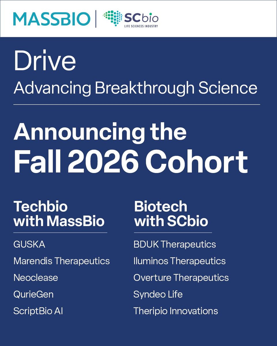 MassBio and SCbio announcement of the Drive Fall 2026 cohort, listing Neoclease among the selected companies.